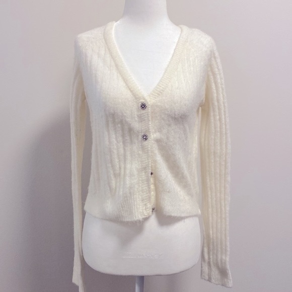 90’s vintage Jordache ribbed jeweled buttons semi crop cardigan - Picture 3 of 8